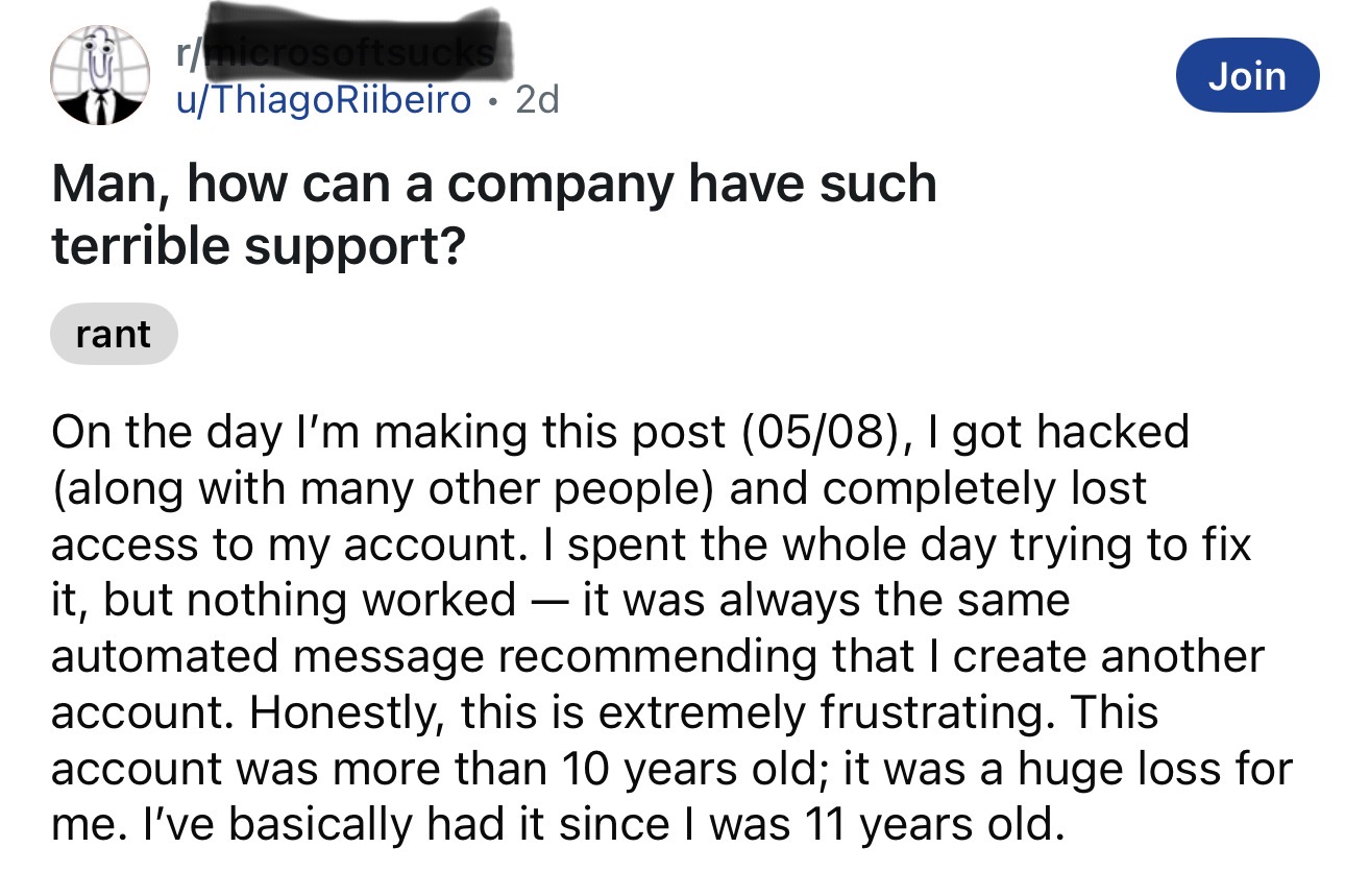 Reddit post complaining about a big company's terrible customer support